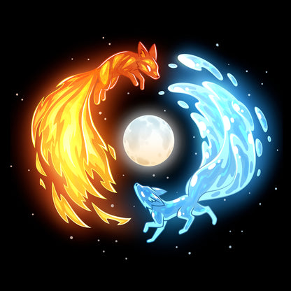 Classic Cotton T-shirt_TeeTurtle black Fire and Water Kitsune Classic Cotton T-shirt featuring fire and water kitsunes running in a circle around a full moon.