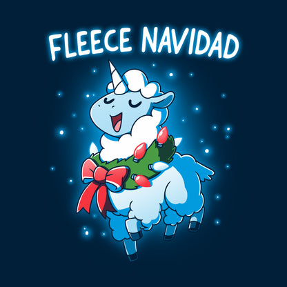 Classic Cotton T-shirt_TeeTurtle Fleece Navidad navy t-shirt featuring a sheep decorated with Christmas lights and a wreath, with the text "Fleece Navidad" above it.