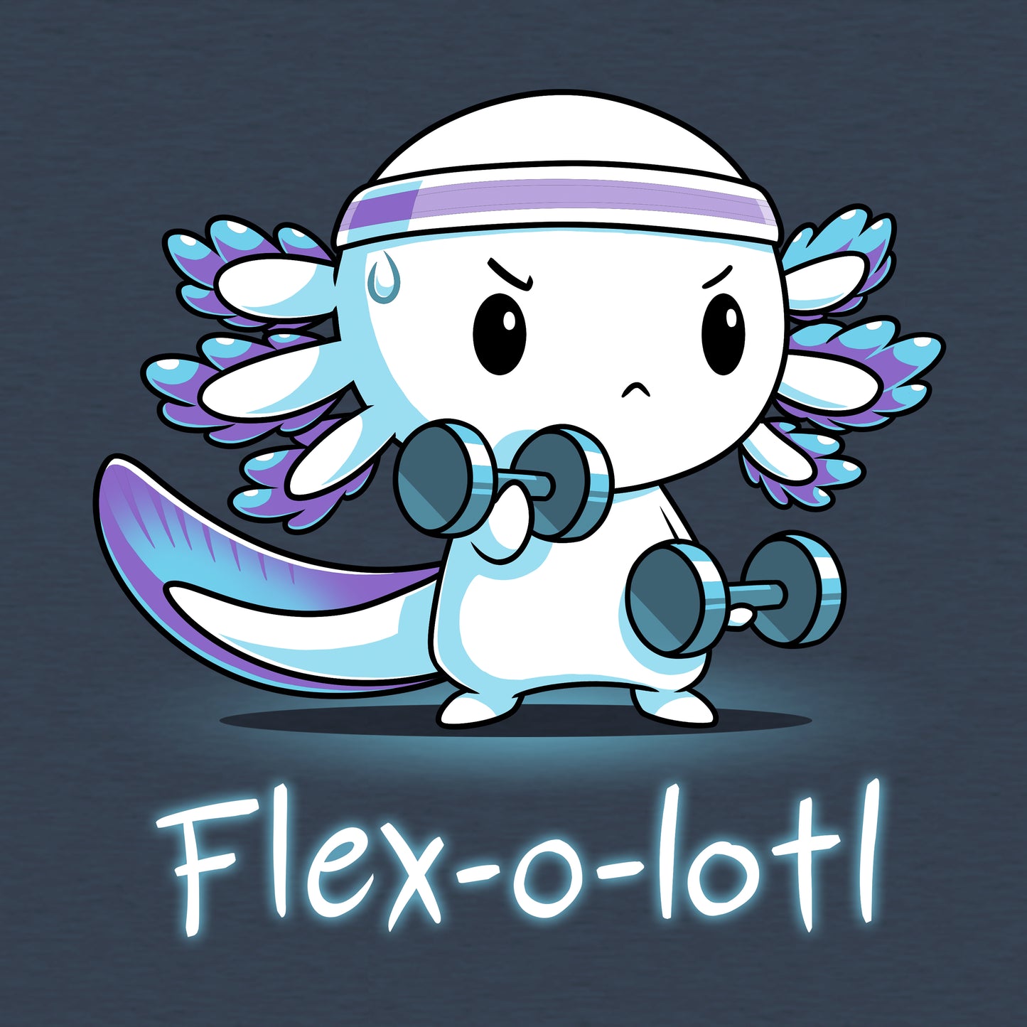 Classic Cotton T-shirt_TeeTurtle Flex-o-lotl heather navy t-shirt featuring an axolotl wearing a sweatband and exercising lifting weights and a pun underneath.