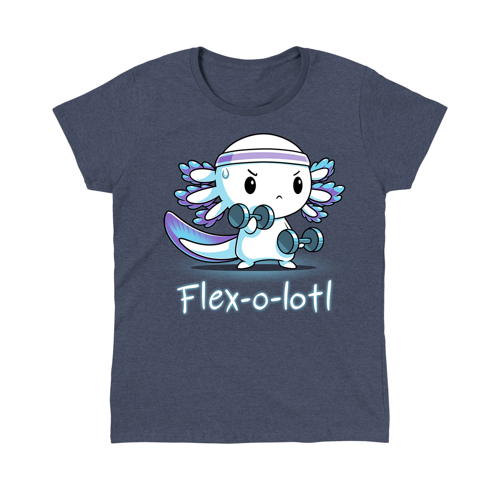 Classic Cotton T-shirt_TeeTurtle Flex-o-lotl heather navy t-shirt featuring an axolotl wearing a sweatband and exercising lifting weights and a pun underneath.