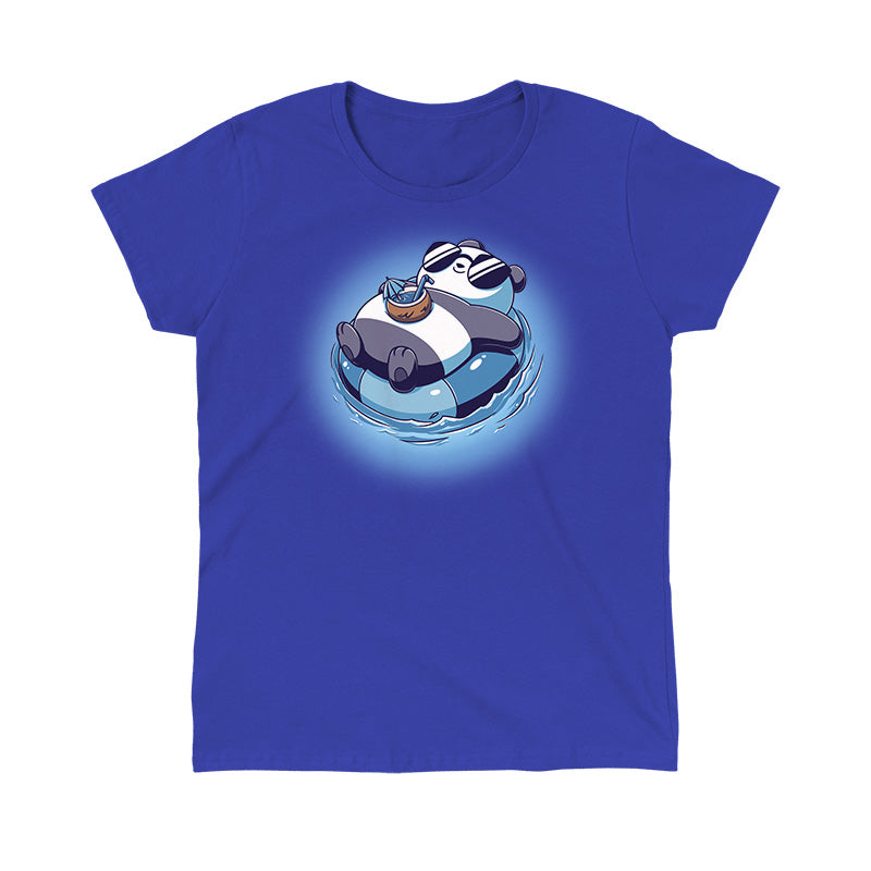 Classic Cotton T-shirt_Teeturtle Float Panda Royal Blue featuring a chill Panda in sunglasses relaxing on an innertube with a tropical drink and living their best life.