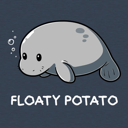 Classic Cotton T-shirt_Teeturtle Floaty Potato heather navy t-shirt featuring an adorable manatee floating above the words 'Floaty Potato.'