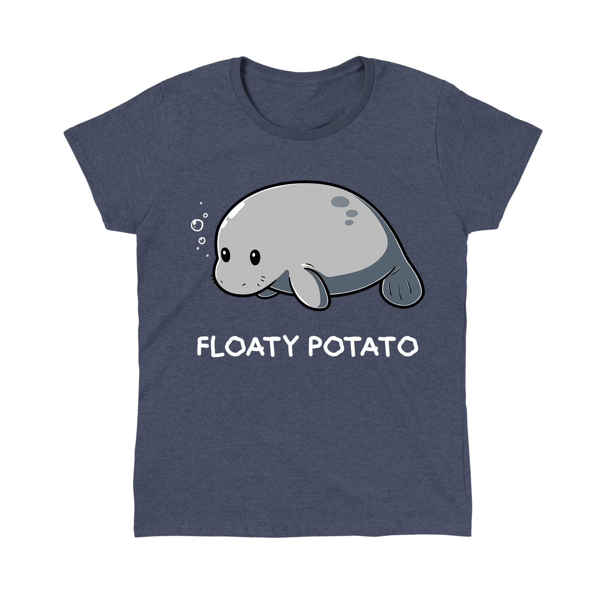 Classic Cotton T-shirt_Teeturtle Floaty Potato heather navy t-shirt featuring an adorable manatee floating above the words 'Floaty Potato.'