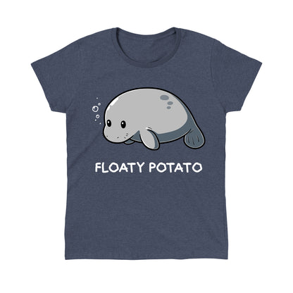 Classic Cotton T-shirt_Teeturtle Floaty Potato heather navy t-shirt featuring an adorable manatee floating above the words 'Floaty Potato.'