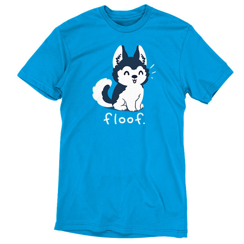 Teeturtle Cobalt Blue Floof Premium Cotton T-shirt. Featuring an adorable, fluffy husky with its tongue hanging out posed over the word 'Floof'.