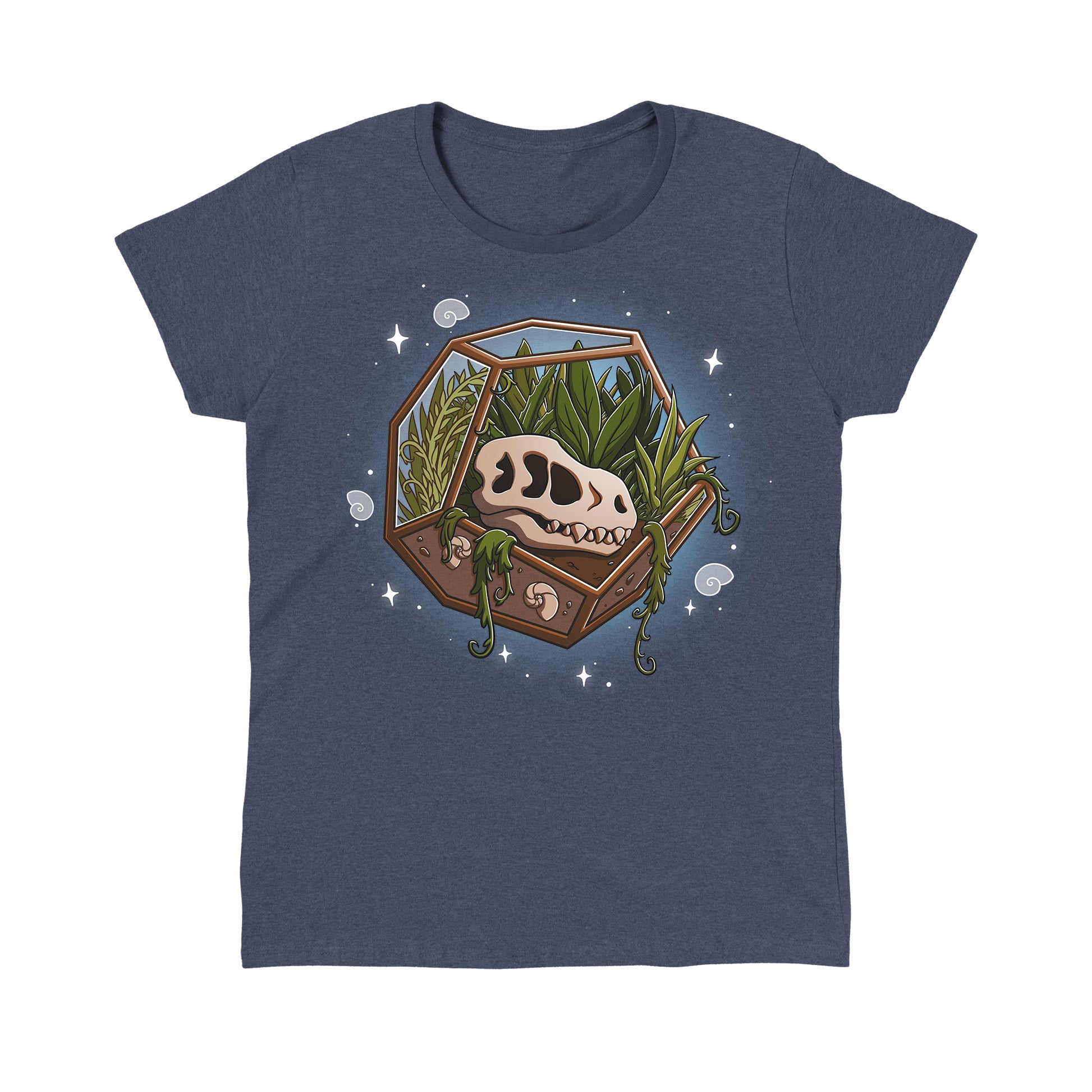 Classic Cotton T-shirt_TeeTurtle Flora Fossils heather navy t-shirt featuring an illustration of a skull in a hexagonal glass terrarium with various plants growing inside, surrounded by small stars and swirls.