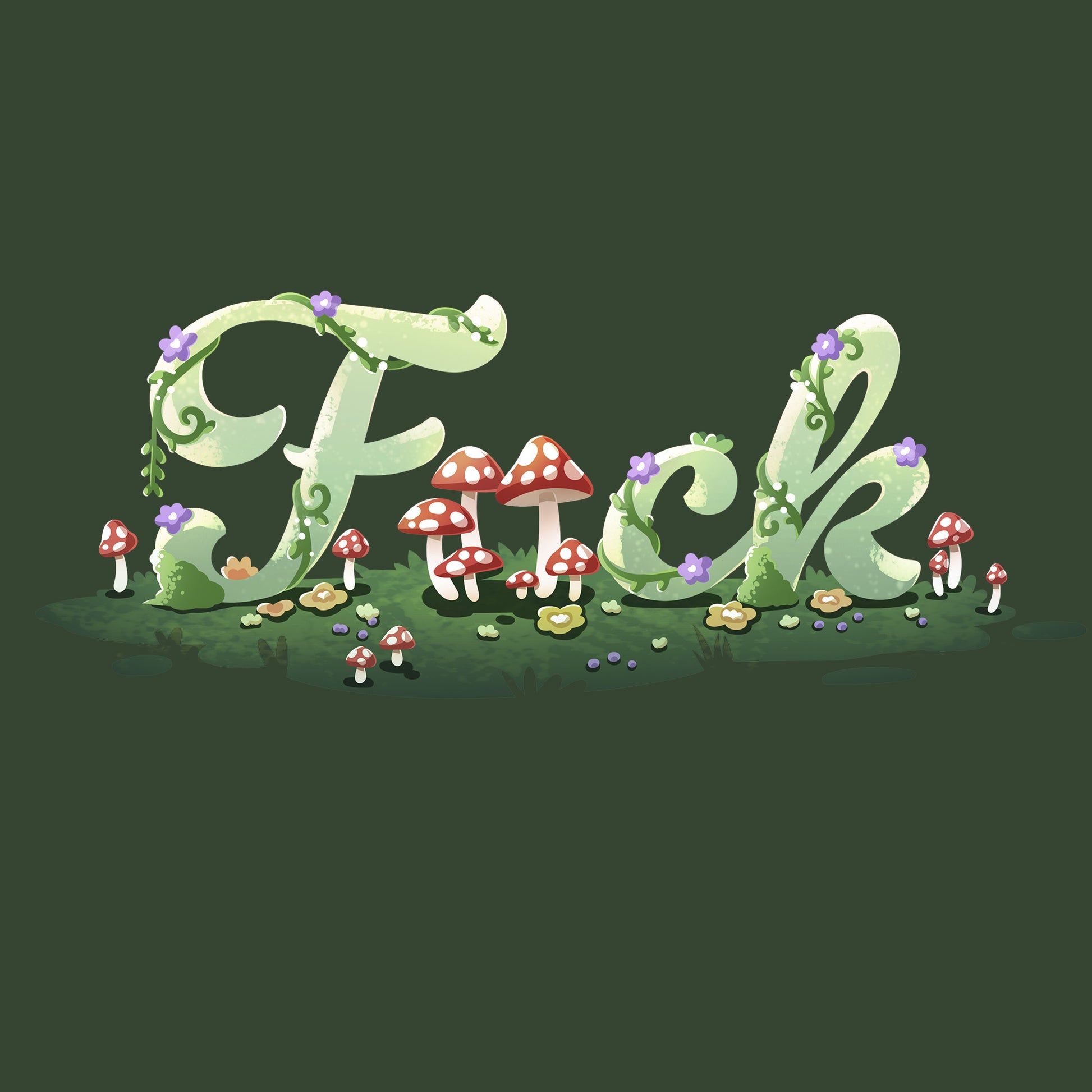 Classic Cotton T-shirt_TeeTurtle forest green Floral F*ck apparel featuring the word, “F*ck” with the second letter replaced by mushrooms, and the letters surrounded by mushrooms, flowers, and grass.