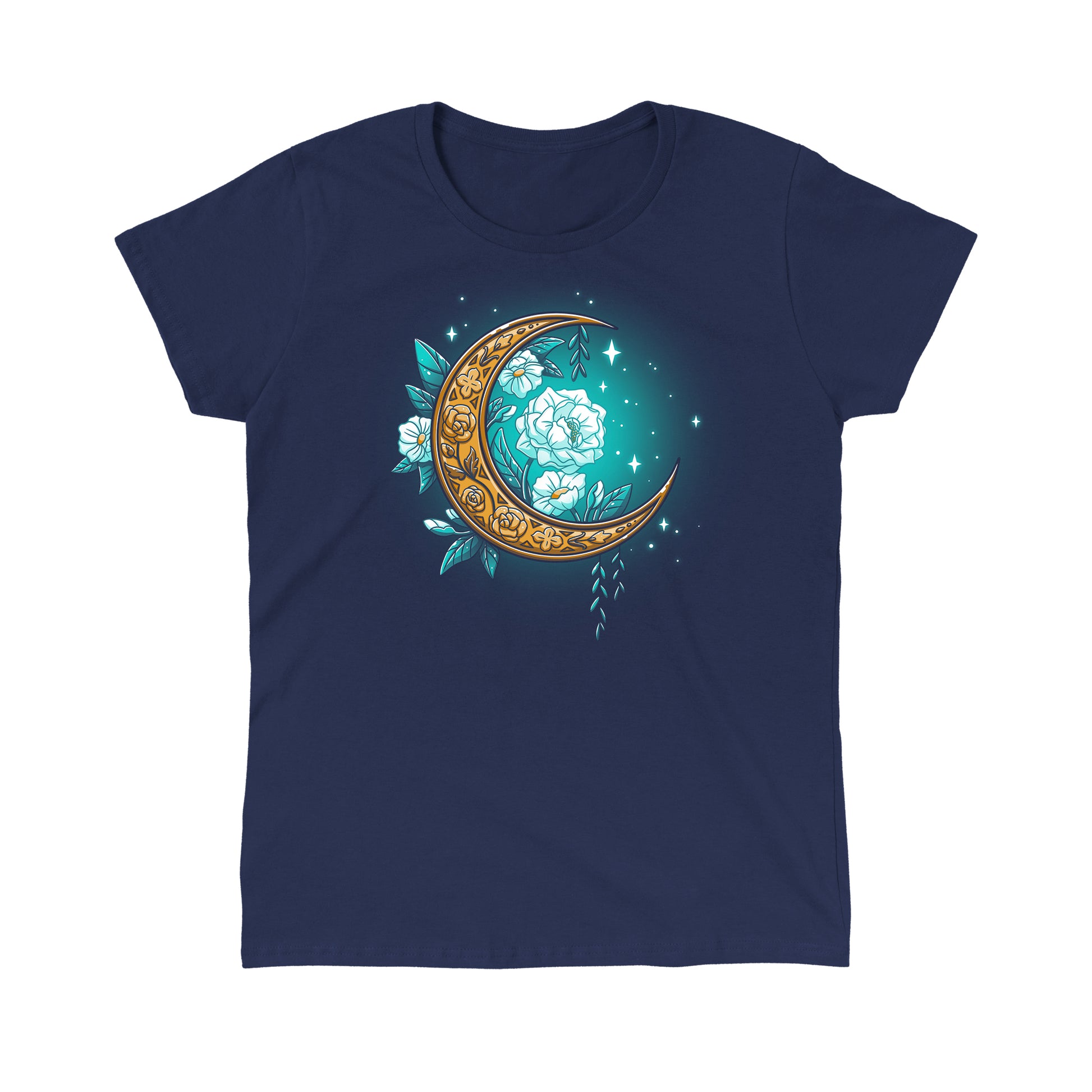 Classic Cotton T-shirt_TeeTurtle Floral Moon Navy Featuring a beautiful gold moon surrounded by white flowers and sparkles