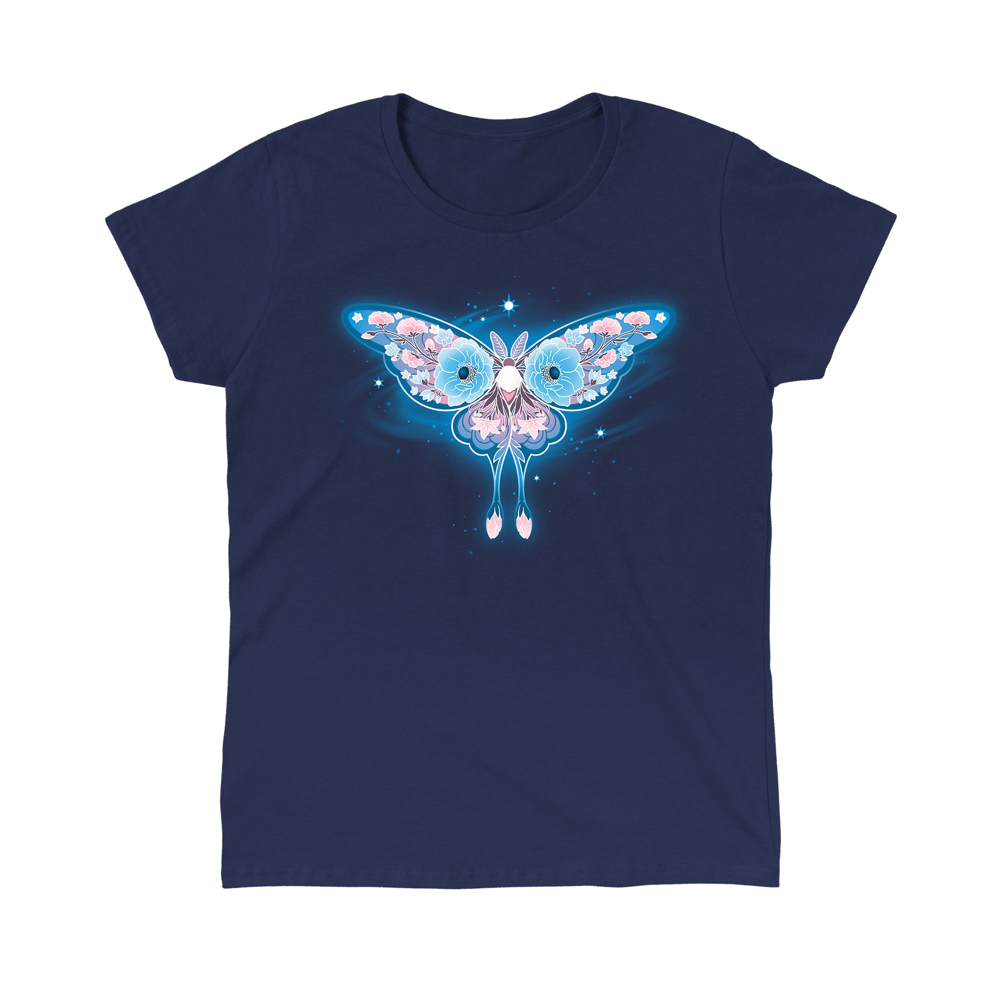 Classic Cotton T-shirt_TeeTurtle Floral Moth navy blue t-shirt featuring a moth with blue and pink floral patterns on its wings.