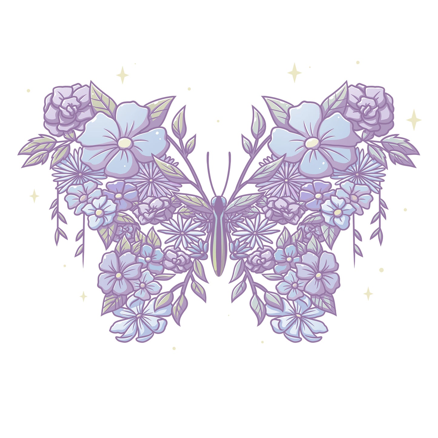 Classic Cotton T-shirt_TeeTurtle Floral Butterfly White t-shirt featuring an illustration of a butterfly made from lavender and light blue flowers with leaves, set against a white background.