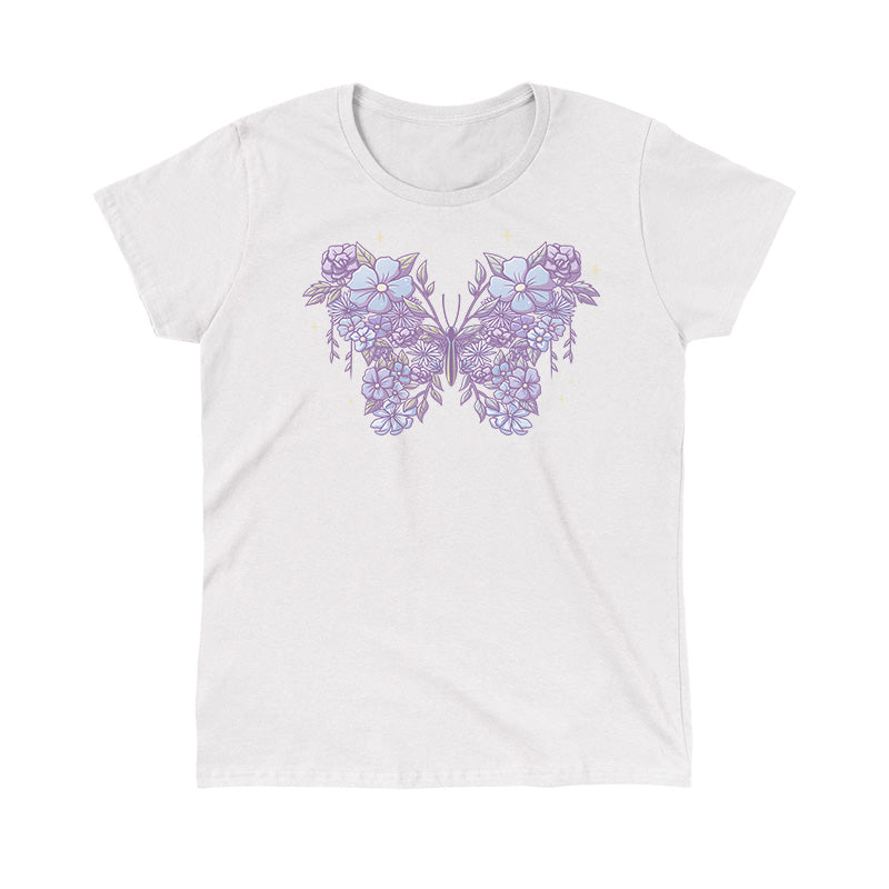 Classic Cotton T-shirt_TeeTurtle Floral Butterfly White t-shirt featuring an illustration of a butterfly made from lavender and light blue flowers with leaves, set against a white background.