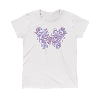 Classic Cotton T-shirt_TeeTurtle Floral Butterfly White t-shirt featuring an illustration of a butterfly made from lavender and light blue flowers with leaves, set against a white background.