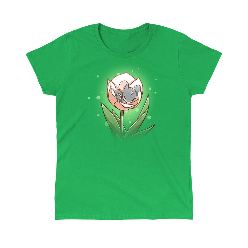 Classic Cotton T-shirt_TeeTurtle Flower Bed Illustration of a small, gray mouse sleeping inside a pink flower blossom against an apple green background with light bubbles