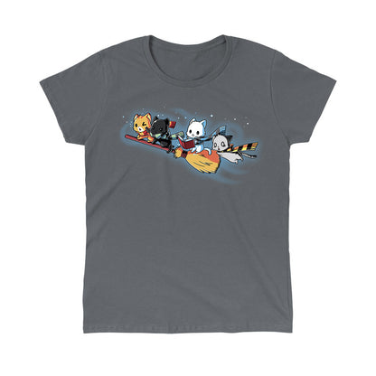 Classic Cotton T-shirt_TeeTurtle Flying House Cats charcoal gray t-shirt featuring a group of four cats wearing striped scarves, riding a magical broom while one is reading.