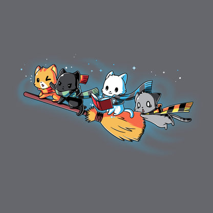 Classic Cotton T-shirt_TeeTurtle Flying House Cats charcoal gray t-shirt featuring a group of four cats wearing striped scarves, riding a magical broom while one is reading.