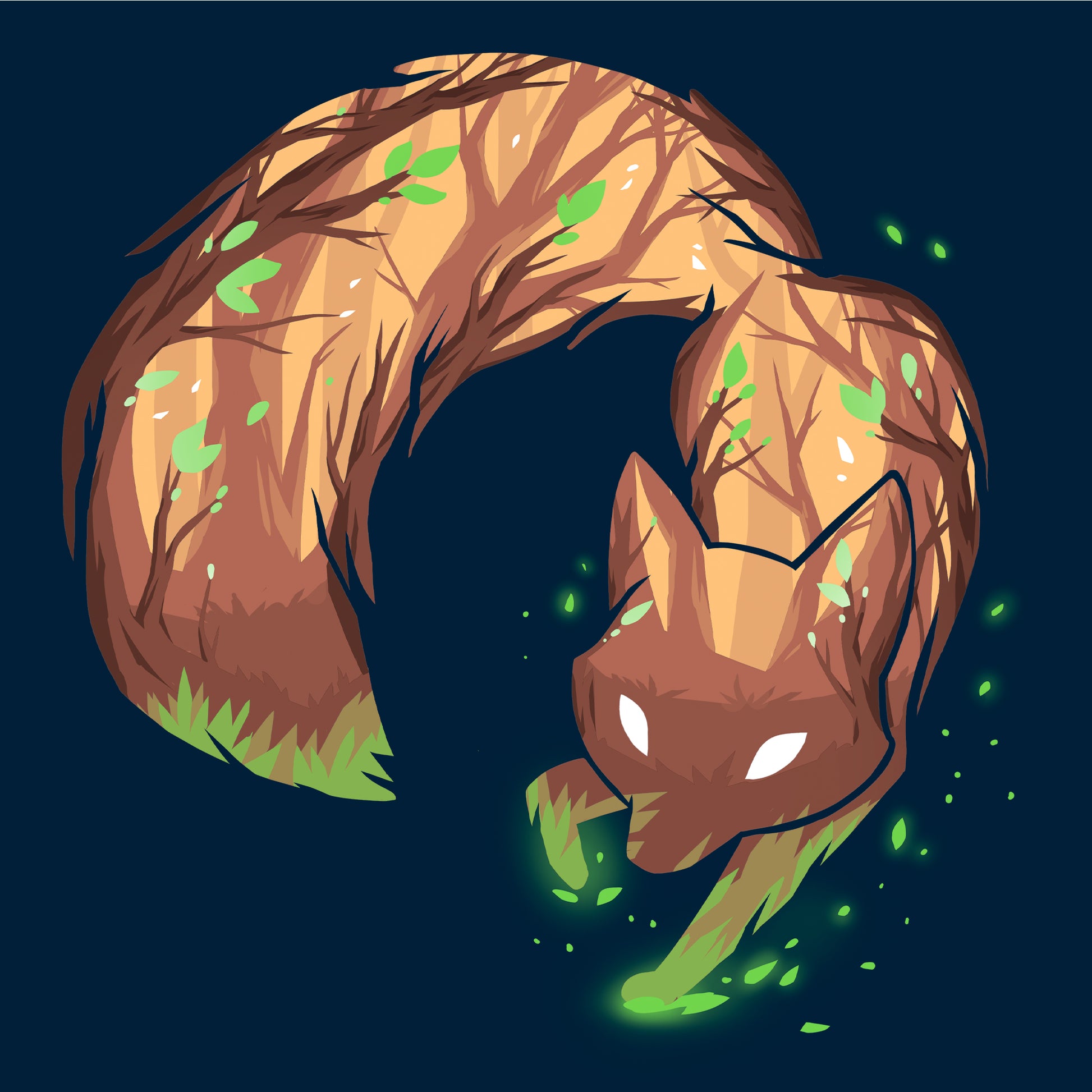 Long Sleeve T-shirt_Illustrated fox with tree bark texture and green leaves on its body, bending in a circular shape against a dark background with glowing green particles on a super soft ringspun cotton Forest Fox apparel by monsterdigital.