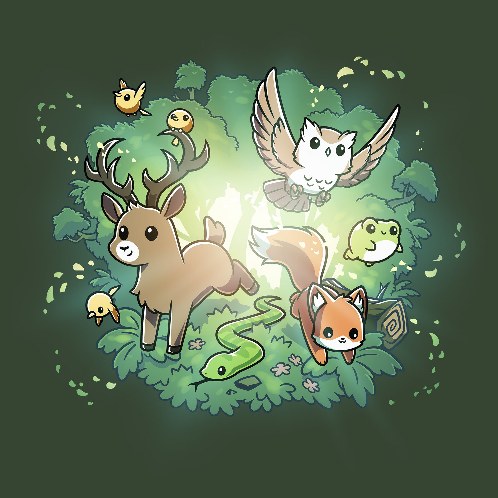 Classic Cotton T-shirt_TeeTurtle forest green Forest Harmony apparel featuring a fox, snake, owl, deer, frog, bird, and other forest animals emerging out of a forest in the background.