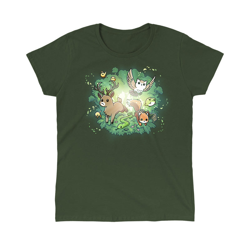 Classic Cotton T-shirt_TeeTurtle forest green Forest Harmony apparel featuring a fox, snake, owl, deer, frog, bird, and other forest animals emerging out of a forest in the background.