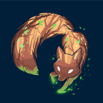 Classic Cotton T-shirt_Illustrated fox with tree bark texture and green leaves on its body, bending in a circular shape against a dark background with glowing green particles on a super soft ringspun cotton Forest Fox apparel by monsterdigital.