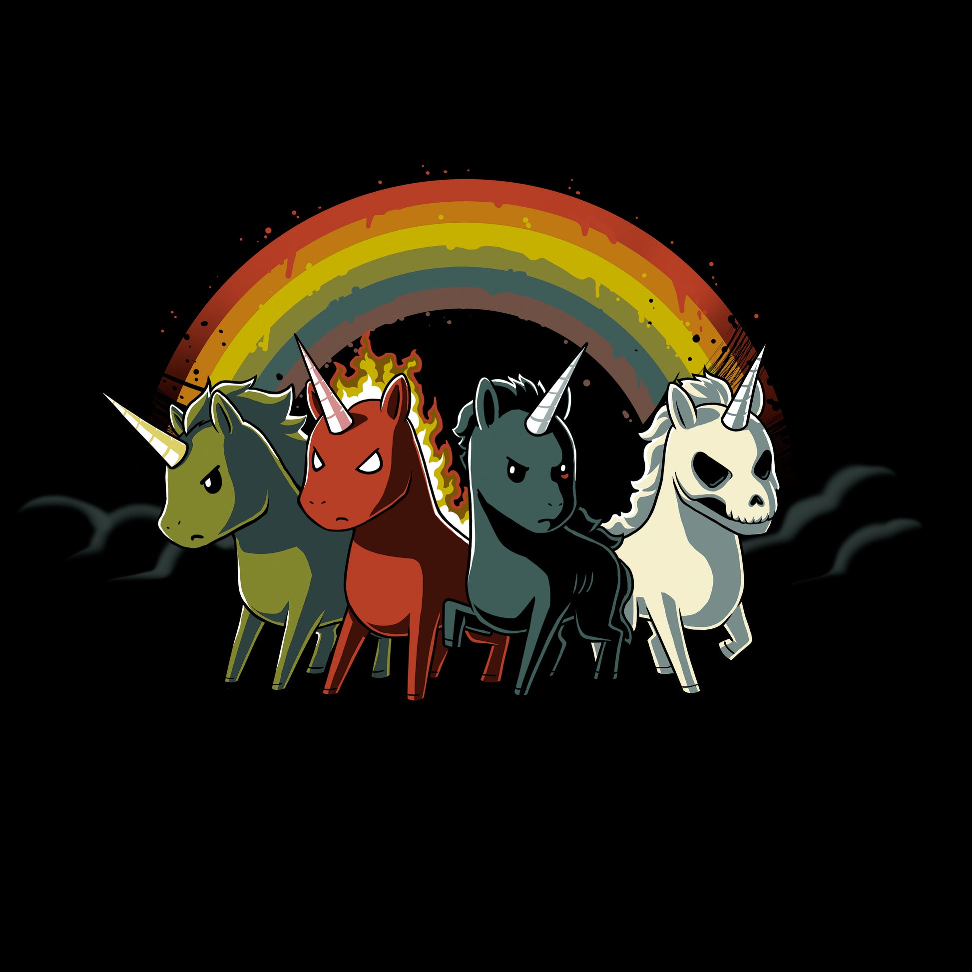 Pullover Hoodie_TeeTurtle black Four Unicorns of the Apocalypse. Featuring four apocalyptic unicorns with a rainbow in the background.