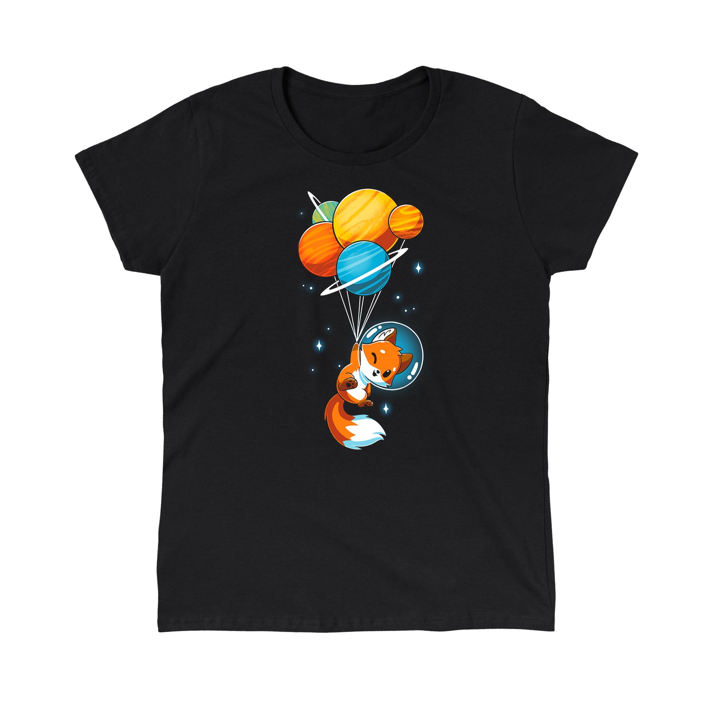 Classic Cotton T-shirt_A cartoon Foxy Astronaut in a space helmet is being lifted by balloons shaped like planets against a dark background. This whimsical design is printed on a super soft ringspun cotton Unisex Tee, perfect for space lovers of all ages. The Foxy Astronaut Unisex apparelby monsterdigital is sure to delight fans everywhere.