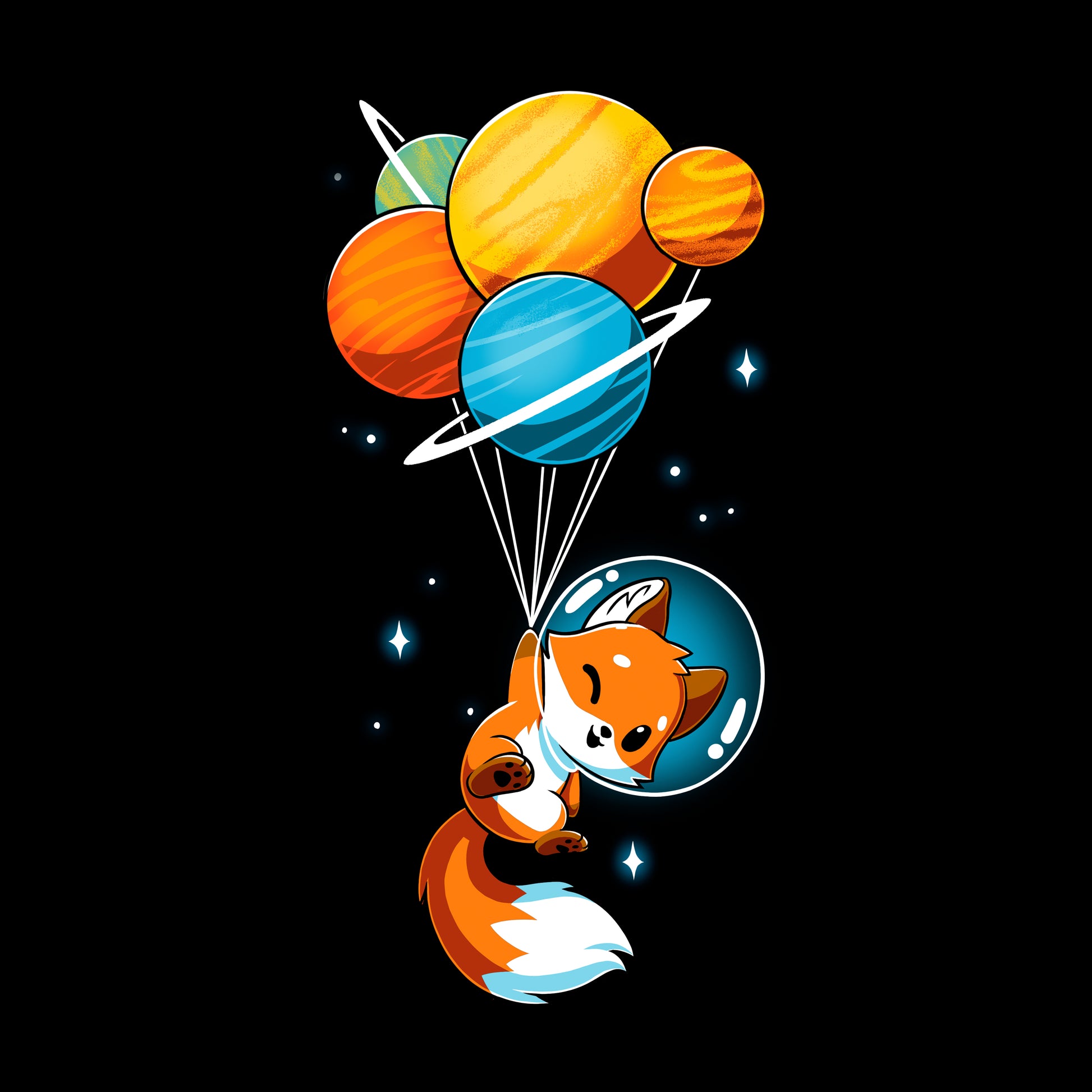 Pullover Hoodie_A cartoon Foxy Astronaut in a space helmet is being lifted by balloons shaped like planets against a dark background. This whimsical is printed on a super soft ringspun cotton Unisex Tee, perfect for space lovers of all ages. The Foxy Astronaut Unisex apparel by monsterdigital is sure to delight fans everywhere.