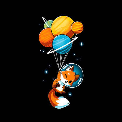 Classic Cotton T-shirt_A cartoon Foxy Astronaut in a space helmet is being lifted by balloons shaped like planets against a dark background. This whimsical design is printed on a super soft ringspun cotton Unisex Tee, perfect for space lovers of all ages. The Foxy Astronaut Unisex apparelby monsterdigital is sure to delight fans everywhere.