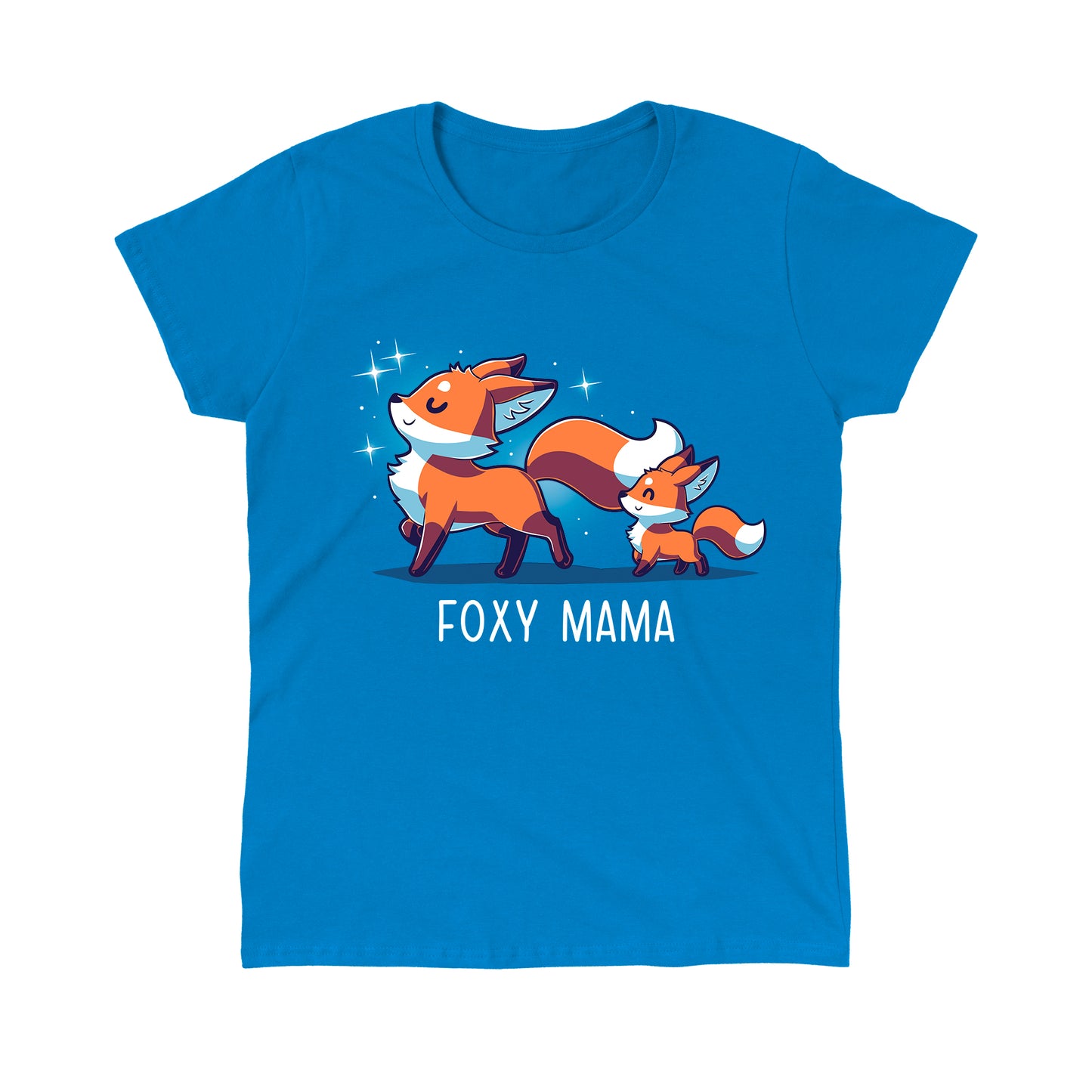 Classic Cotton T-shirt_TeeTurtle Foxy Mama sapphire blue t-shirt featuring a proud, smiling fox walking ahead with a smaller fox following.