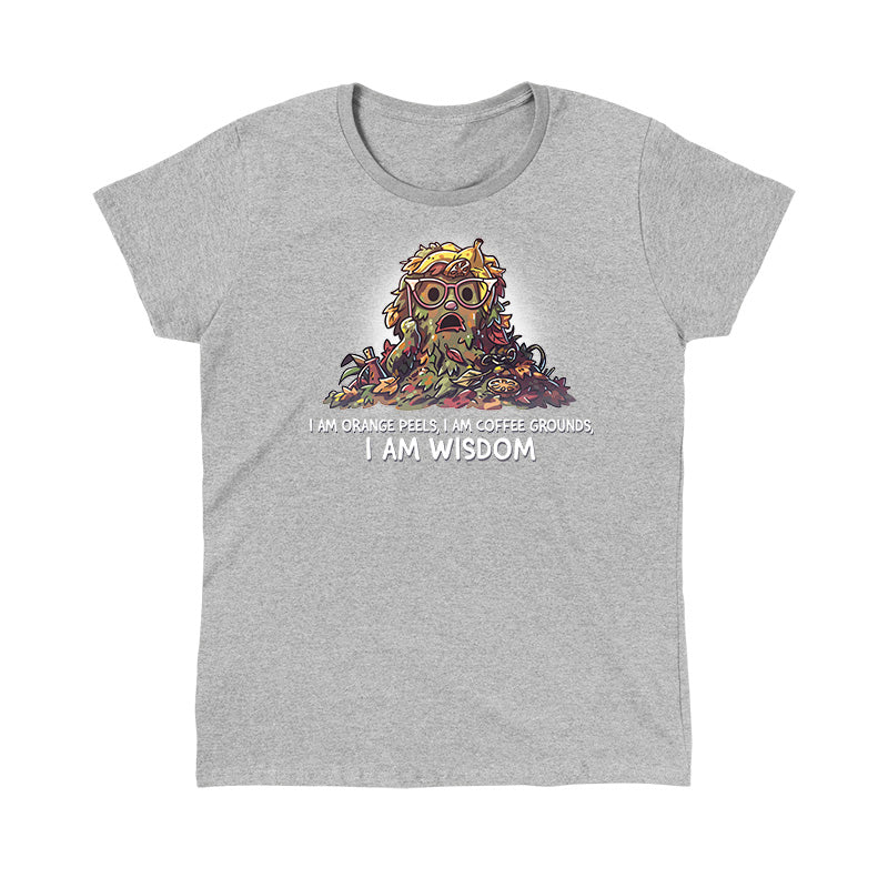 Classic Cotton T-shirt_TeeTurtle heather gray I Am Wisdom apparel featuring Marjory the Trash Heap from Fraggle Rock with her iconic saying as a caption, “I am Orange peels, I am Coffee Grounds, I am Wisdom“.