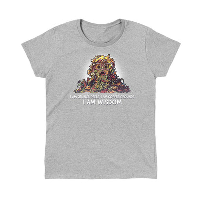 Classic Cotton T-shirt_TeeTurtle heather gray I Am Wisdom apparel featuring Marjory the Trash Heap from Fraggle Rock with her iconic saying as a caption, “I am Orange peels, I am Coffee Grounds, I am Wisdom“.