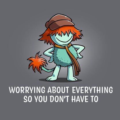 Classic Cotton T-shirt_TeeTurtle charcoal gray Worrying About Everything apparel featuring Boober from Fraggle Rock with his hands on his hips, and the caption, “Worrying About Everything So You Don’t Have To“.