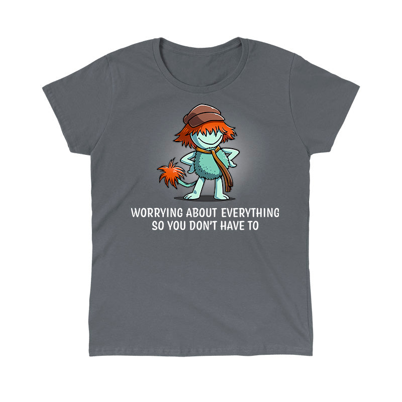 Classic Cotton T-shirt_TeeTurtle charcoal gray Worrying About Everything apparel featuring Boober from Fraggle Rock with his hands on his hips, and the caption, “Worrying About Everything So You Don’t Have To“.