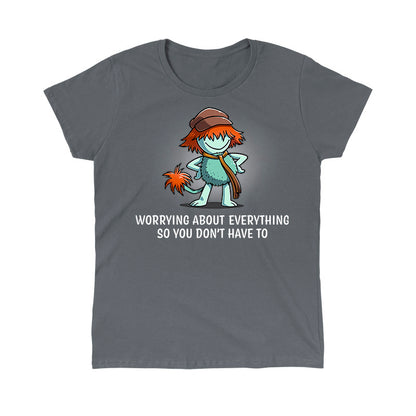 Classic Cotton T-shirt_TeeTurtle charcoal gray Worrying About Everything apparel featuring Boober from Fraggle Rock with his hands on his hips, and the caption, “Worrying About Everything So You Don’t Have To“.