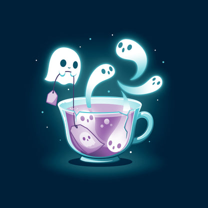 Long Sleeve T-shirt_TeeTurtle Fresh-Booed Tea navy blue t-shirt featuring a glowing teacup with ghost-like figures emerging from it and a ghost holding a tea bag.