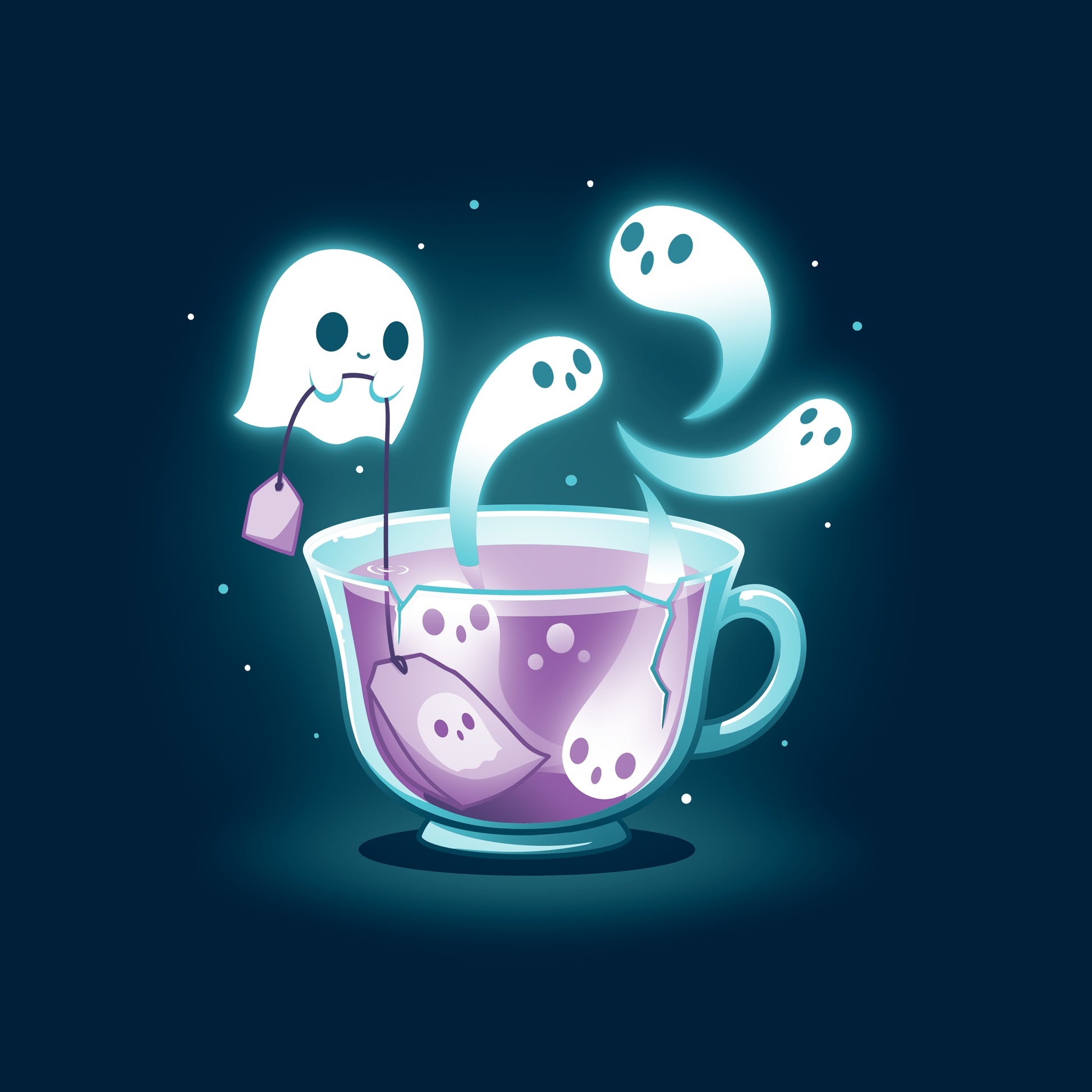 Classic Cotton T-shirt_TeeTurtle Fresh-Booed Tea navy blue t-shirt featuring a glowing teacup with ghost-like figures emerging from it and a ghost holding a tea bag.