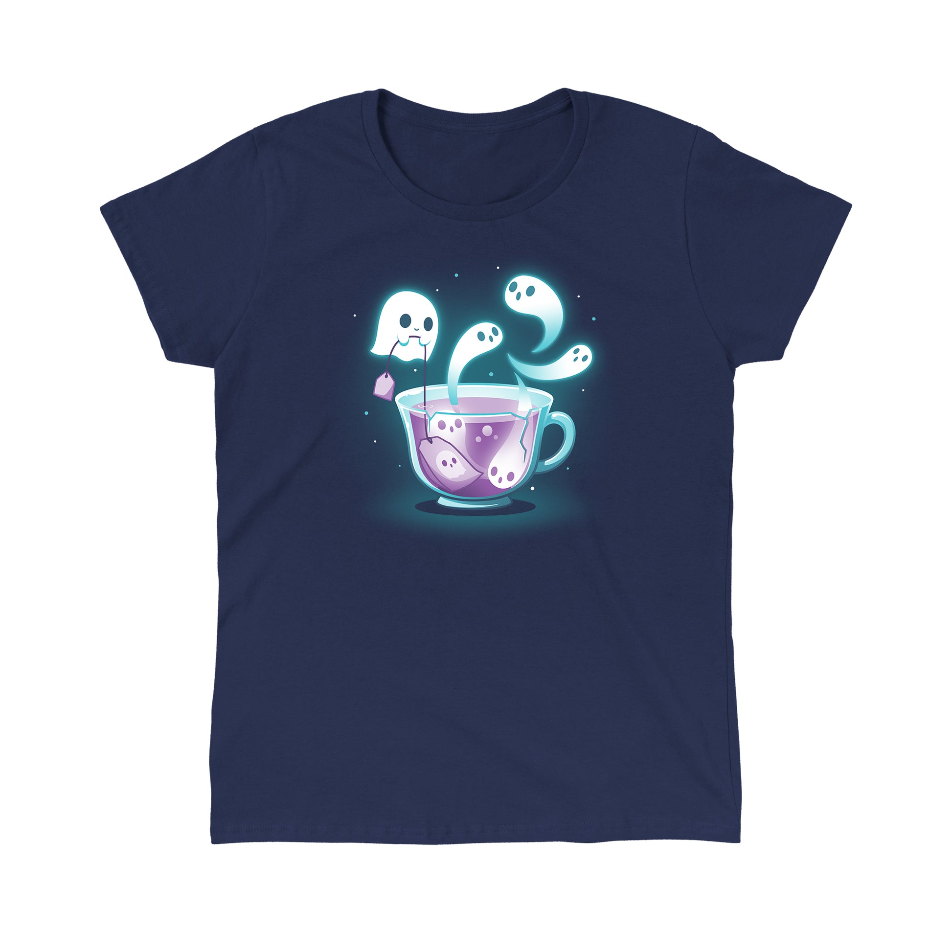 Classic Cotton T-shirt_TeeTurtle Fresh-Booed Tea navy blue t-shirt featuring a glowing teacup with ghost-like figures emerging from it and a ghost holding a tea bag.