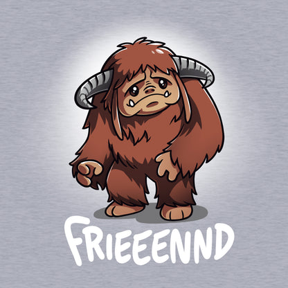 Pullover Hoodie_TeeTurtle heather gray Frieeennd apparel featuring a sad Ludo, with the caption, “Frieeennd“.
