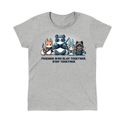 Classic Cotton T-shirt_TeeTurtle Friends Who Slay Together, Stay Together heather gray t-shirt featuring a fox, panda, rabbit, and cat dressed as warriors with weapons. Text beneath reads, "Friends Who Slay Together Stay Together."