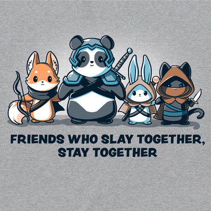 Classic Cotton T-shirt_TeeTurtle Friends Who Slay Together, Stay Together heather gray t-shirt featuring a fox, panda, rabbit, and cat dressed as warriors with weapons. Text beneath reads, "Friends Who Slay Together Stay Together."