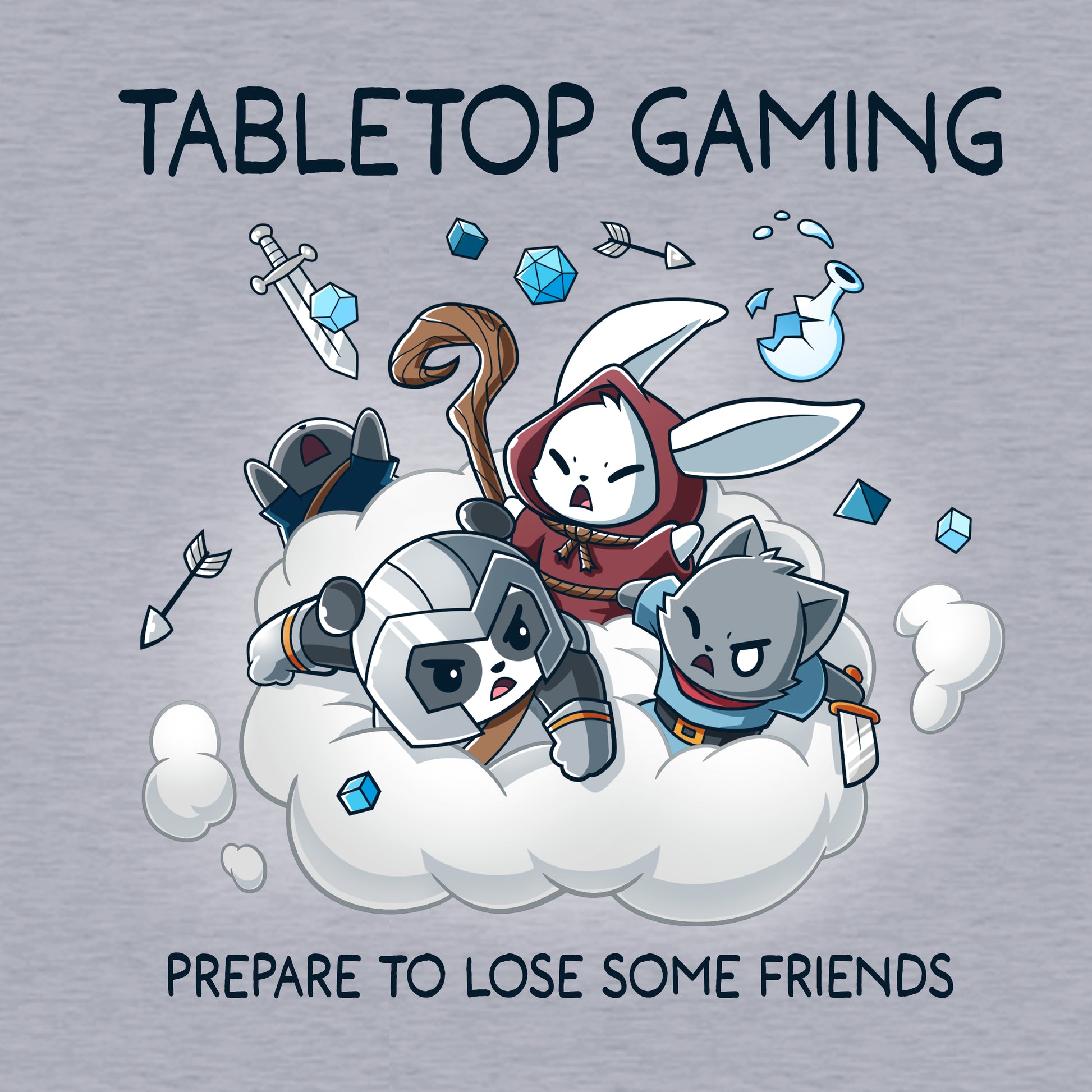 Classic Cotton T-shirt_TeeTurtle Friends or Foes heather gray t-shirt featuring a white bunny in a red hood, a panda wearing a gray helmet and a gray cat holding a sword engaging in a cloud brawl, surrounded by arrows, swords, crystals and a broken jar. Text above reads "TABLETOP GAMING" and below "PREPARE TO LOSE SOME FRIENDS." 