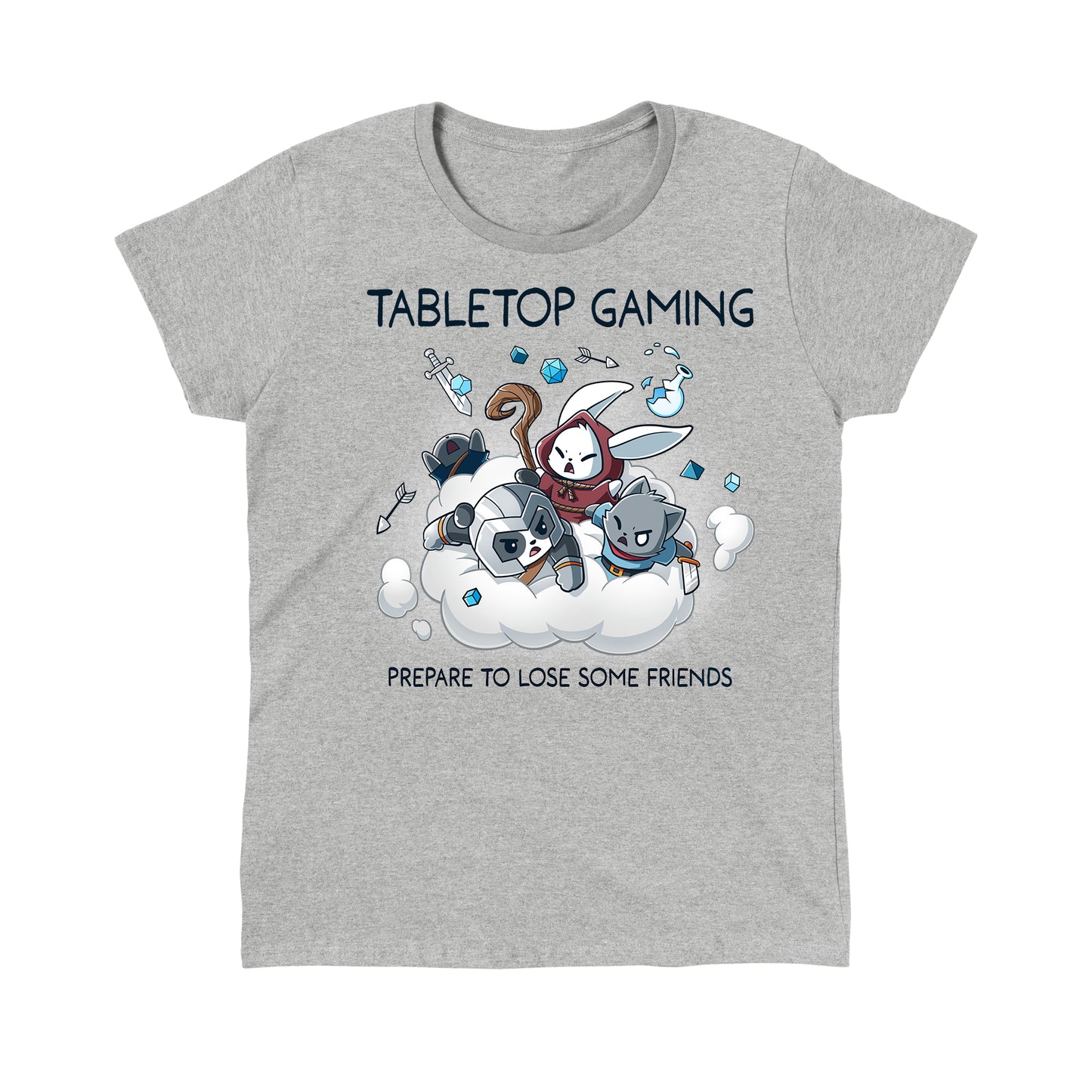 Classic Cotton T-shirt_TeeTurtle Friends or Foes heather gray t-shirt featuring a white bunny in a red hood, a panda wearing a gray helmet and a gray cat holding a sword engaging in a cloud brawl, surrounded by arrows, swords, crystals and a broken jar. Text above reads "TABLETOP GAMING" and below "PREPARE TO LOSE SOME FRIENDS." 