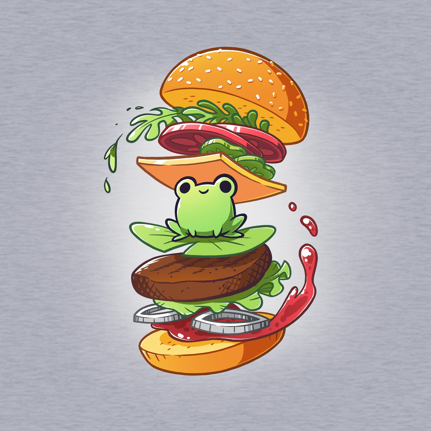 Long Sleeve T-shirt_TeeTurtle heather gray Frog Burger featuring a frog in the middle of a burger’s floating ingredients.