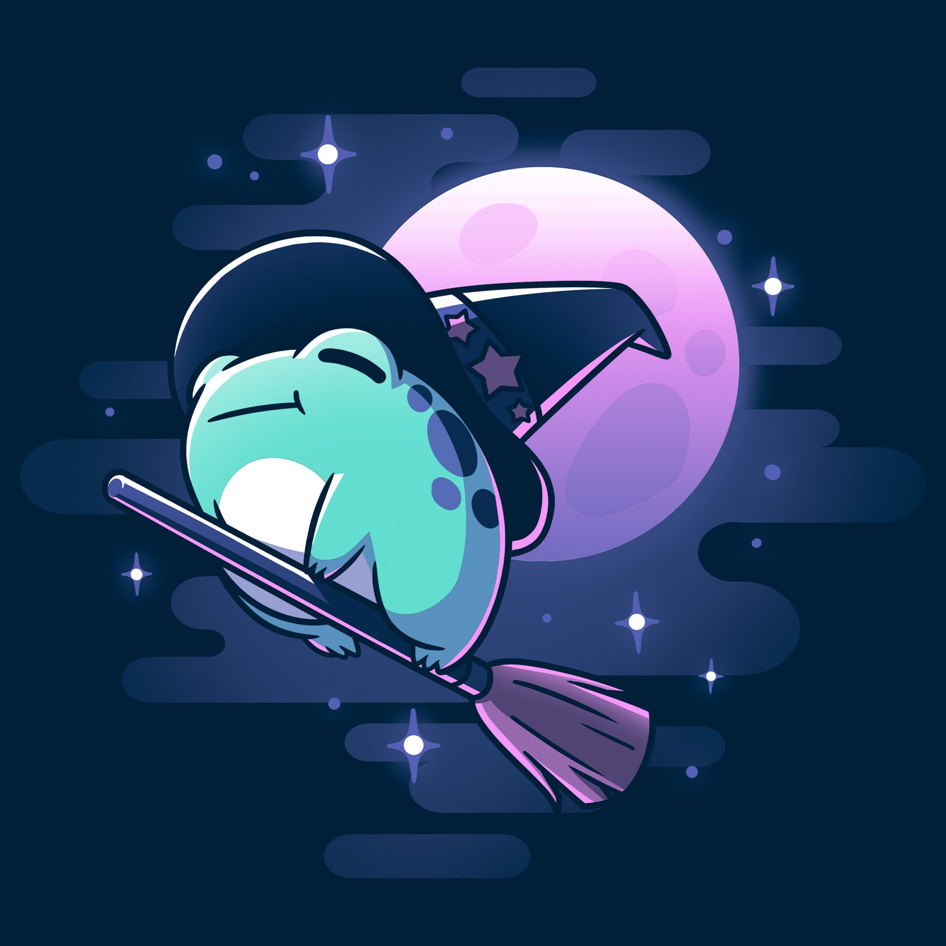 Classic Cotton T-shirt_TeeTurtle Frog Witch navy blue t-shirt featuring a frog wearing a witch hat flies on a broomstick.