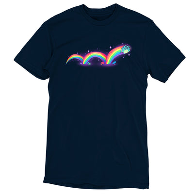 Premium Cotton T-shirt_TeeTurtle navy blue Frolicking Frog apparel featuring a hopping frog with a rainbow trailing behind it from its multiple jumps.
