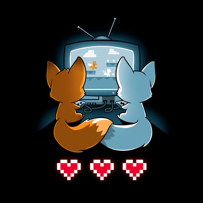 Crew Neck Sweatshirt_TeeTurtle Fur the Love of Gaming black design featuring two foxes playing video games in front of a television.