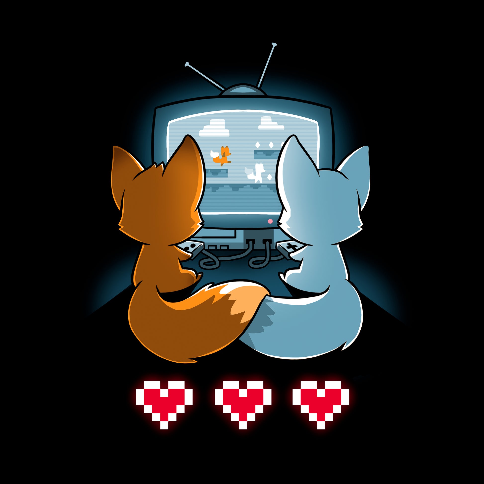 Pullover Hoodie_TeeTurtle Fur the Love of Gaming black design featuring two foxes playing video games in front of a television.