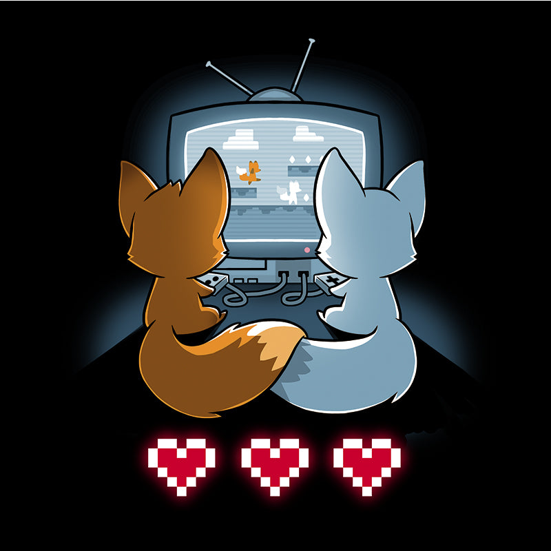 Classic Cotton T-shirt_TeeTurtle Fur the Love of Gaming black t-shirt featuring two foxes playing video games in front of a television.