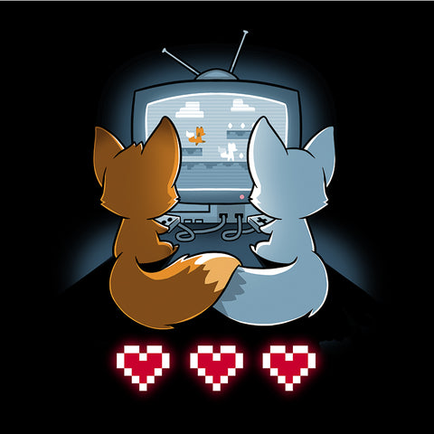 square-image-grid-Classic Cotton T-shirt_TeeTurtle Fur the Love of Gaming black t-shirt featuring two foxes playing video games in front of a television.