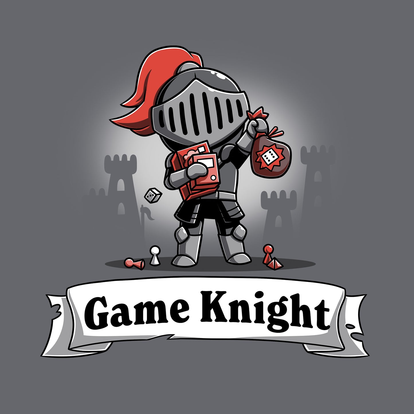 Classic Cotton T-shirt_TeeTurtle Game Knight charcoal gray t-shirt featuring a knight in armor holding a game die and cards.
