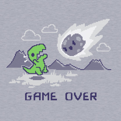 Classic Cotton T-shirt_TeeTurtle Game Over Dinosaur Heather Grey t-shirt featuring Pixel art of a green dinosaur looking at a falling meteor, with mountains in the background